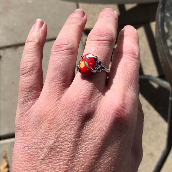 Red Coral Ring with Silver Toned Setting & Band - Picture 7 of 7